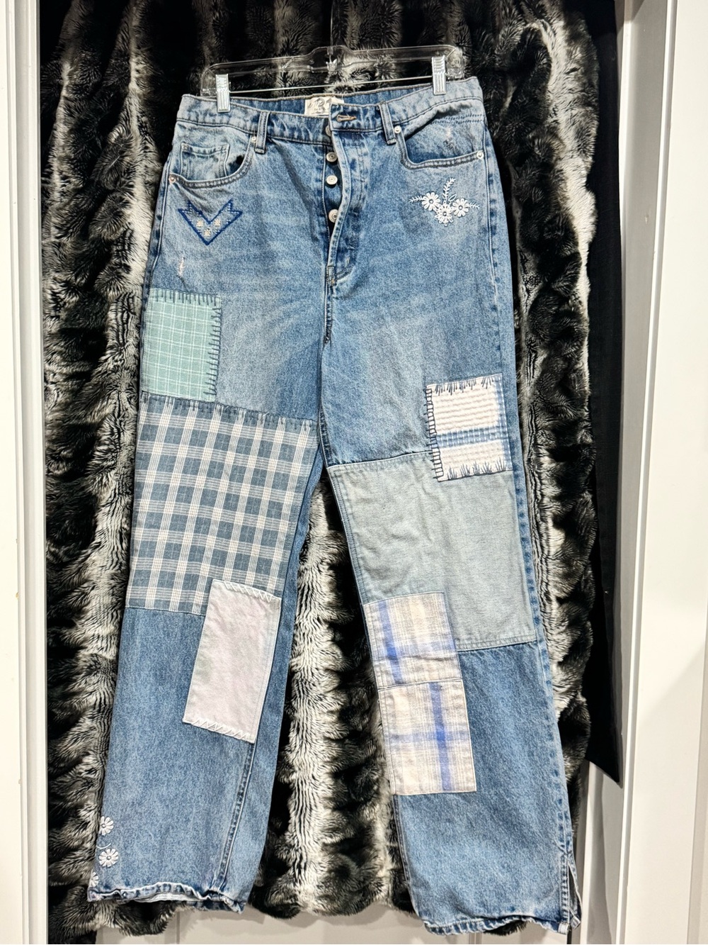 We The Free Patchwork Light Blue Straight Leg Jeans